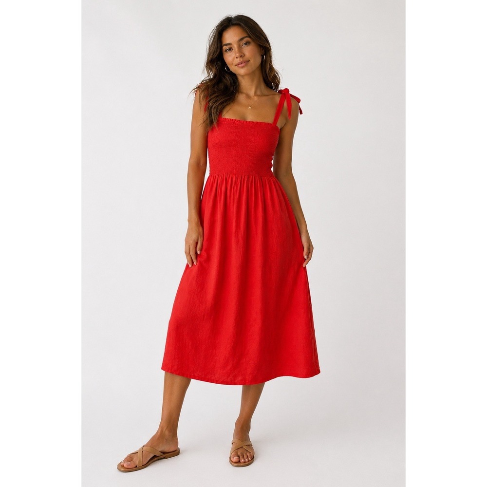 Aritzia Wilfred Red Linen Smocked Midi Dress Tie Straps Size M